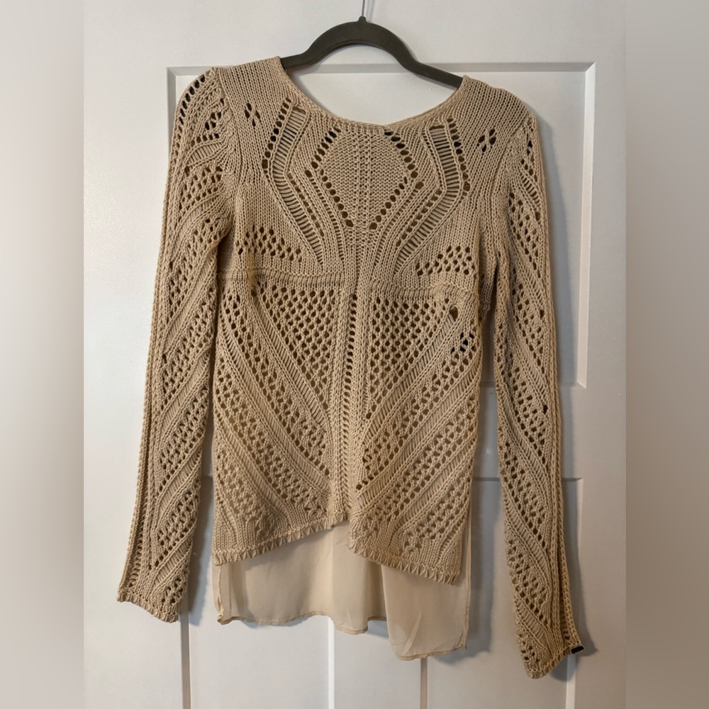 Dex Tan Open-Knit/Sheer Back Blouse